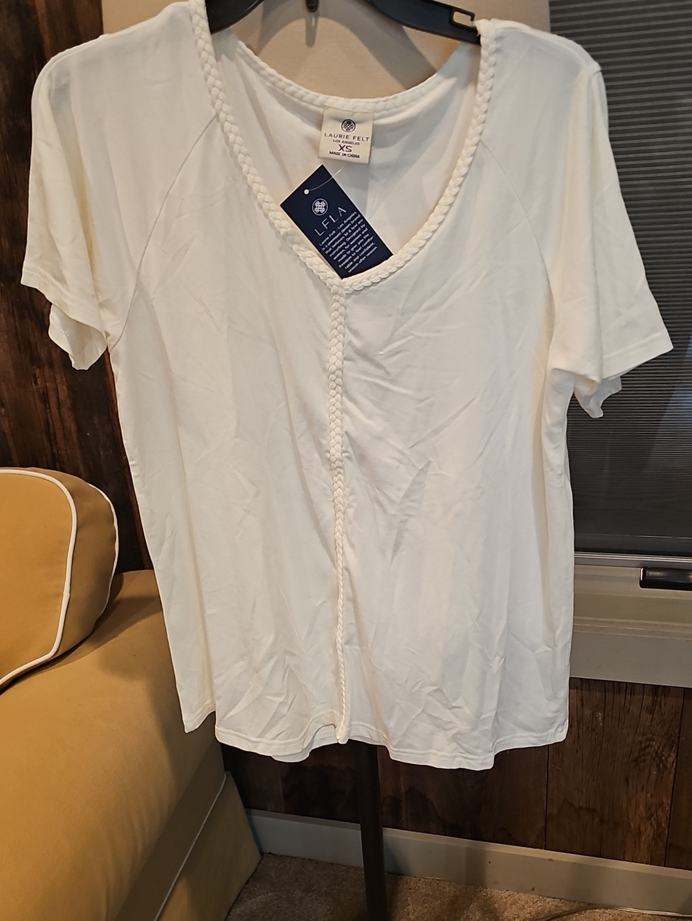 Laurie Felt Cream V-Neck Short Sleeve Top with Braided Trim